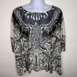Amma Design Art To Wear Shirt Damask Design Top Black And White Womens Size L